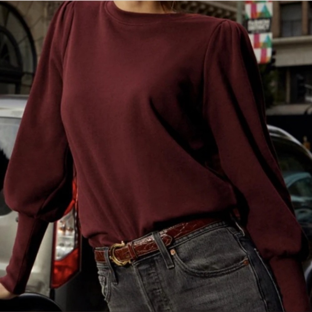 Nation LTD Bethany Puff Sleeve Sweatshirt Small Mahogany Cotton Preppy Chic Warm